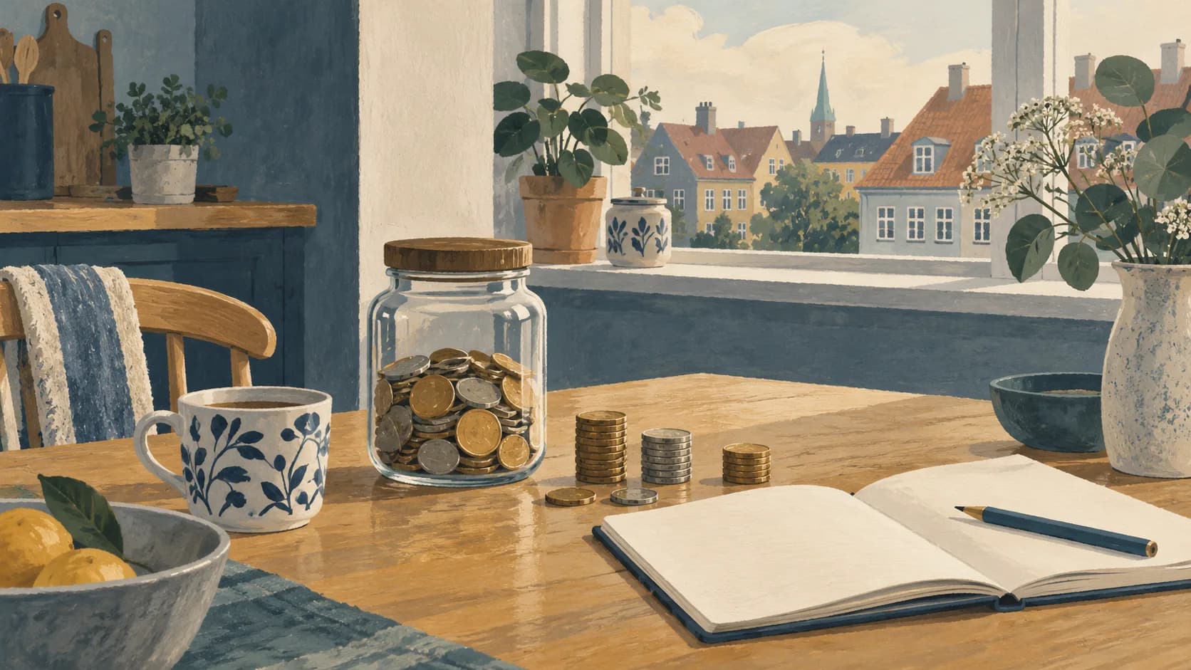 Illustration af en sparekrukke og mønter på et dansk køkkenbord.