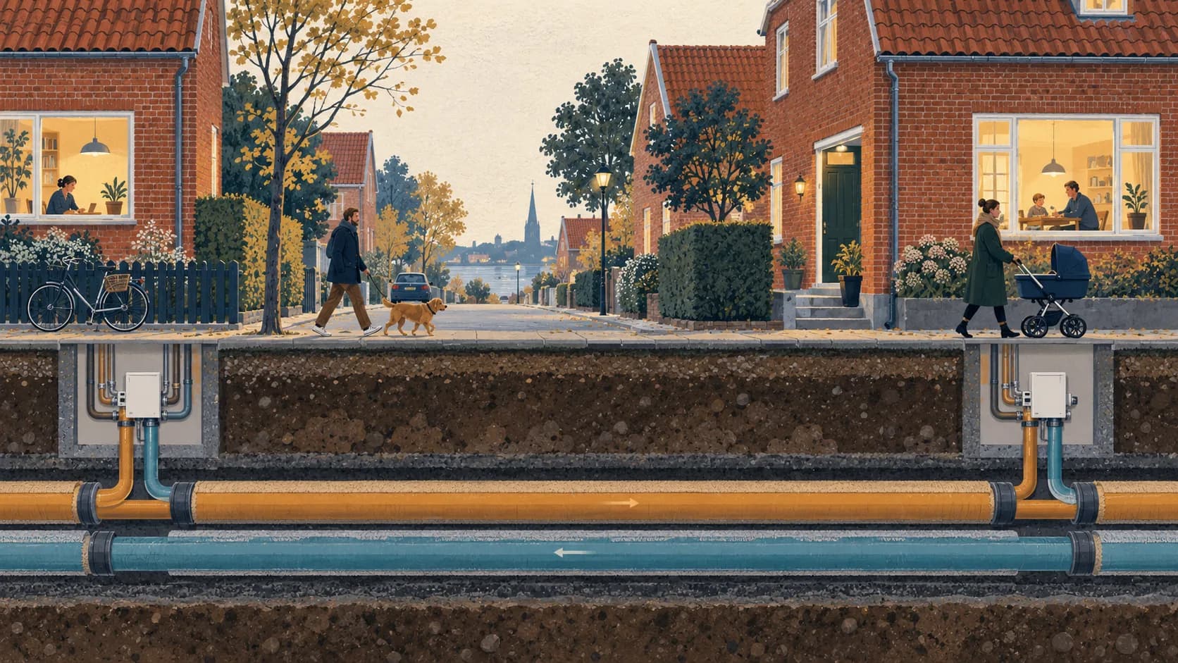 Illustration af danske huse med to isolerede fjernvarmerør under gaden.