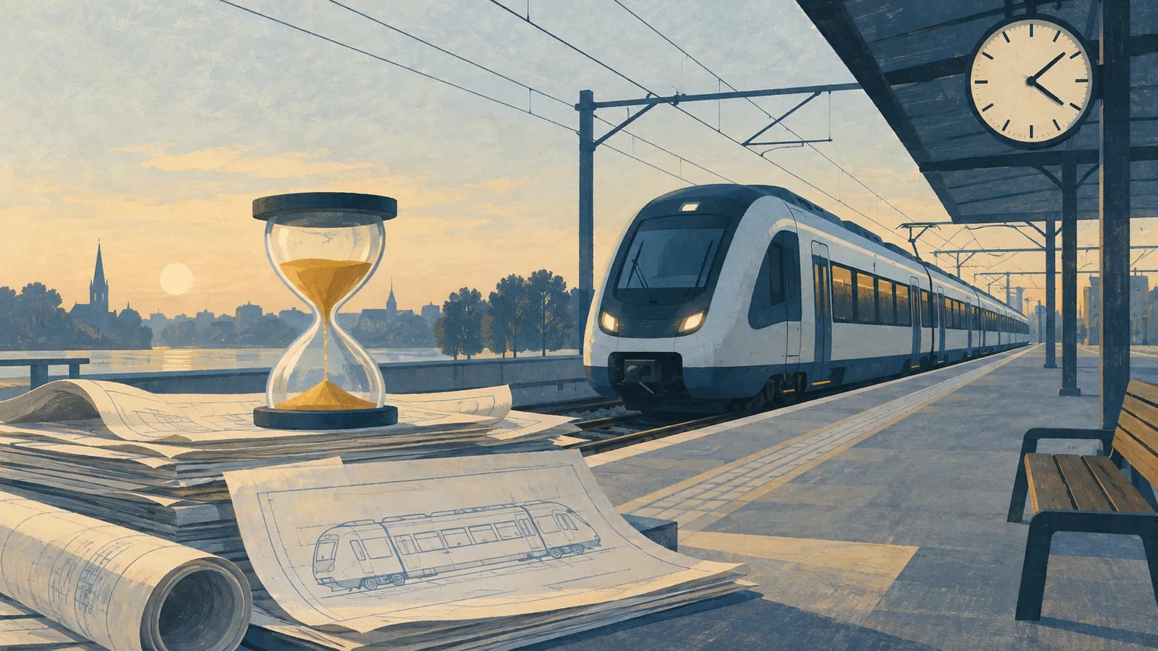 Illustration af et moderne passagertog ved en perron med ur, timeglas og tegninger.