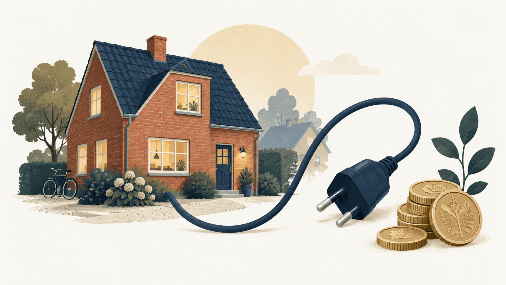 Illustration af et dansk hus med lys i vinduerne, et strømstik og mønter.