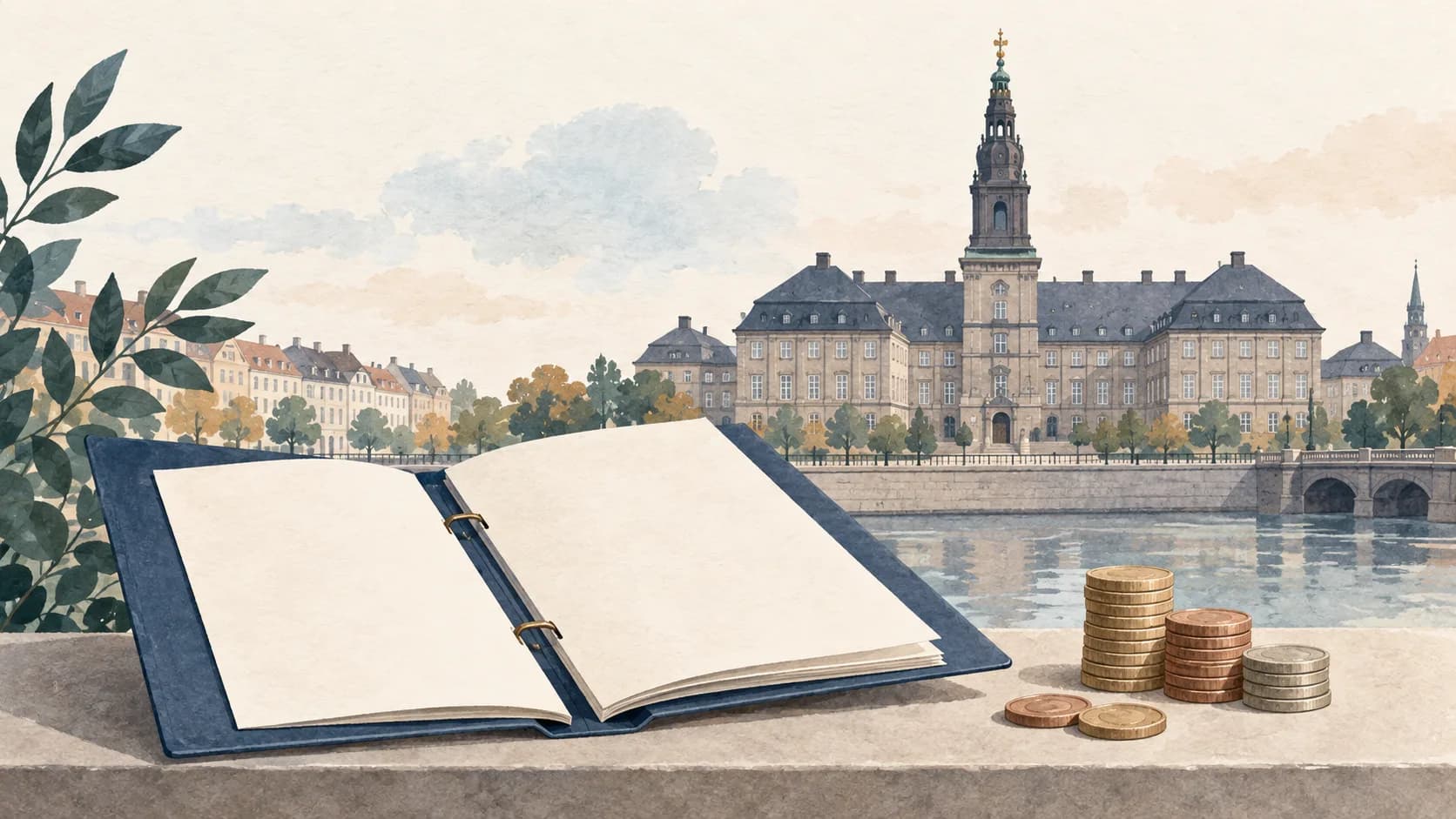 Illustration af en åben budgetbog og mønter med Christiansborg i baggrunden.