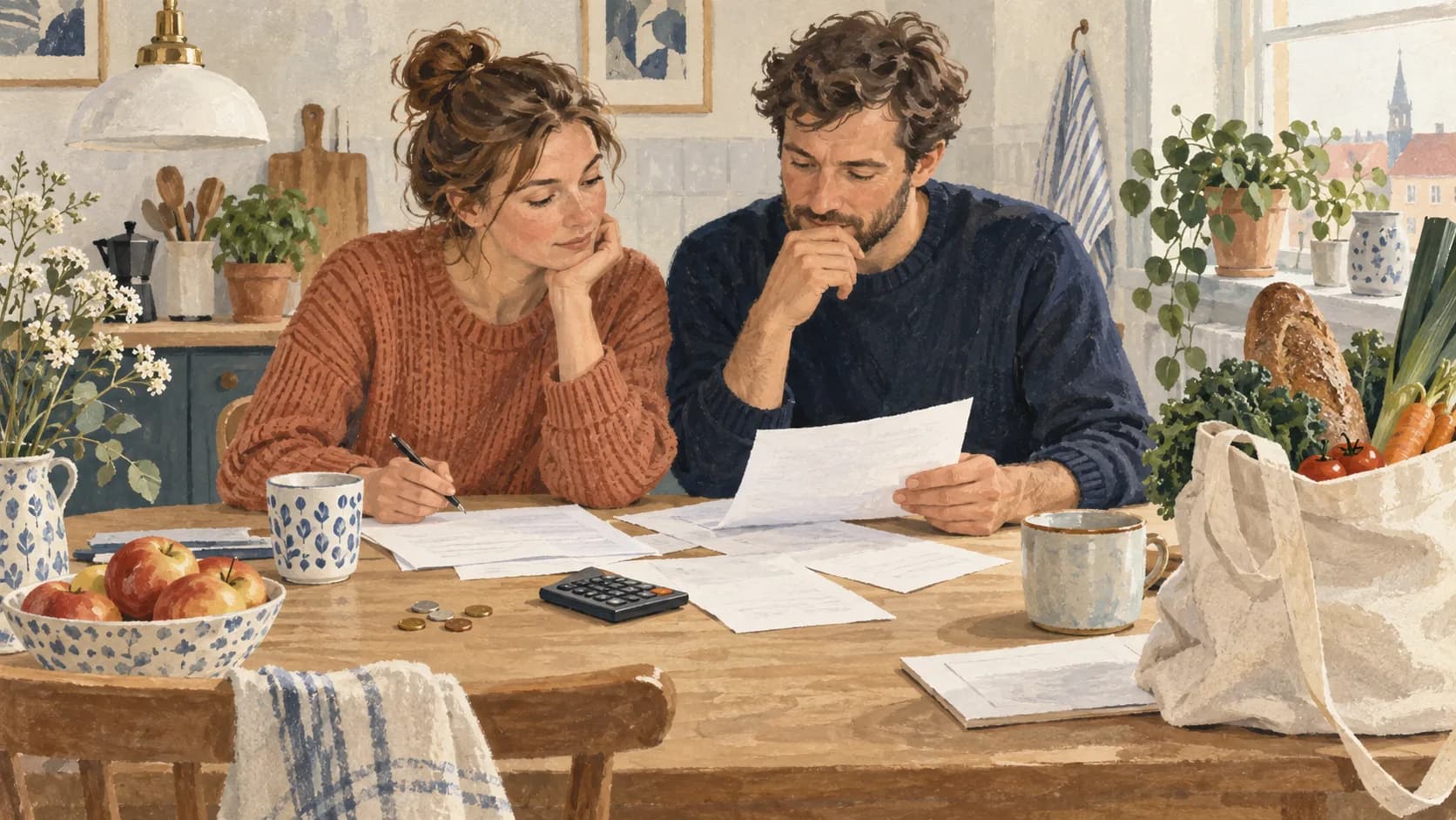 Illustration af to voksne ved et køkkenbord med husholdningspapirer, en lommeregner, dagligvarer og mønter.