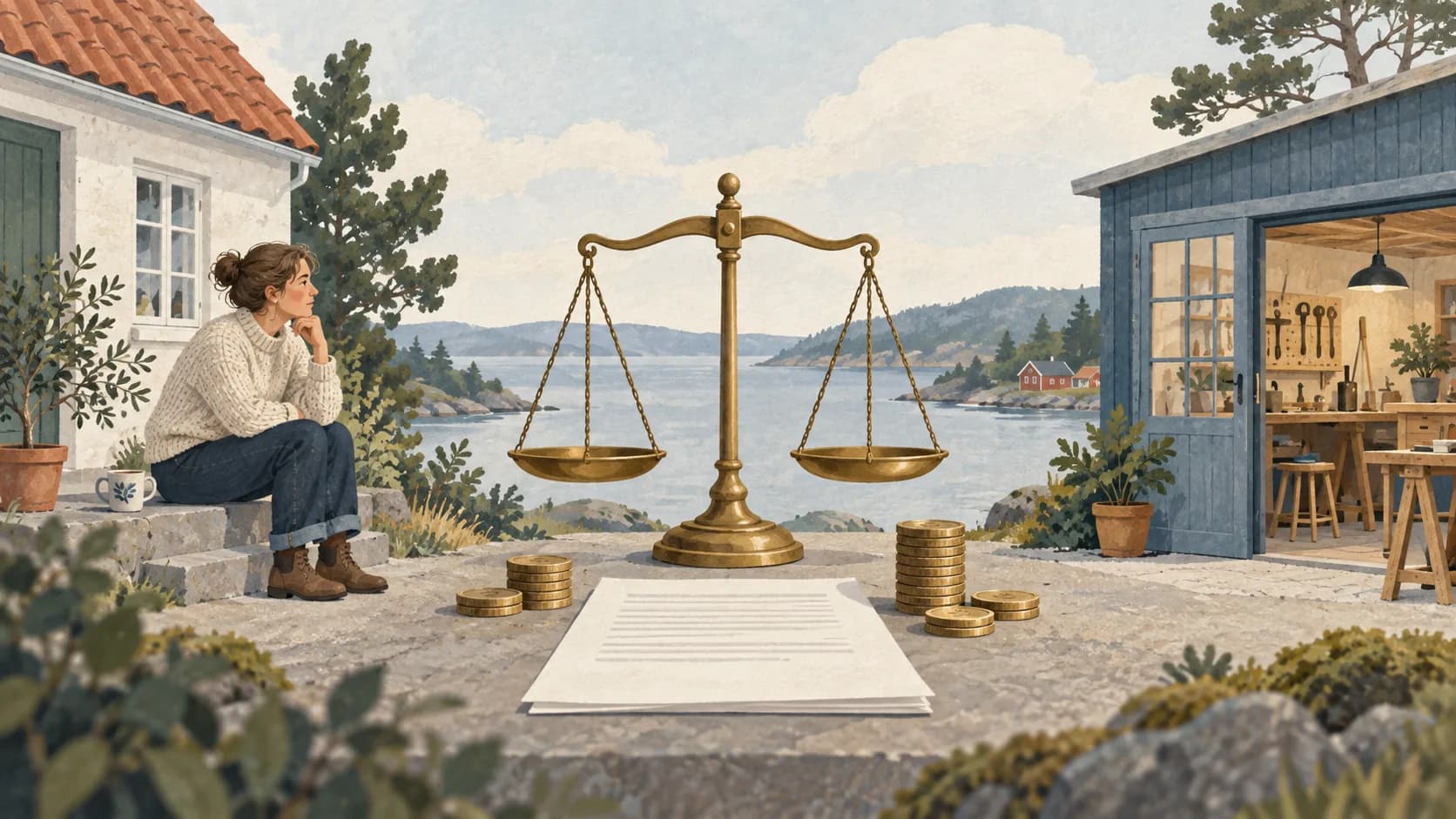 Illustration af en person og en virksomhed på hver sin side af en balancevægt med papirer og mønter.